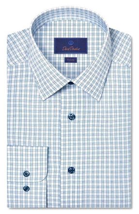 David Donahue Trim Fit Dobby Check Dress Shirt in White/green at Nordstrom, Size 15.5