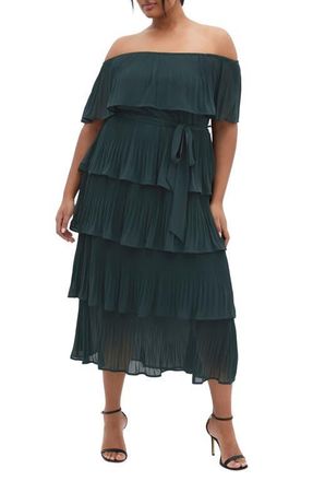 City Chic Night Garden Off the Shoulder Tiered Dress in Green Teal at Nordstrom, Size Xxxs