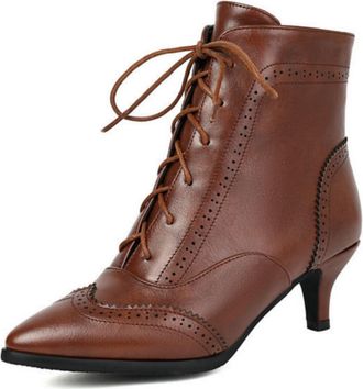 Generic Womens Brogue Low Heel Ankle Boots with Front Laces - Pointed Toe for Office and Casual Outfits,Dark Brown,1.5 UK