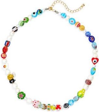Eye Candy Los Angeles Milliefiori Bead & Faux Pearl Necklace in White/gold/multi at Nordstrom Rack