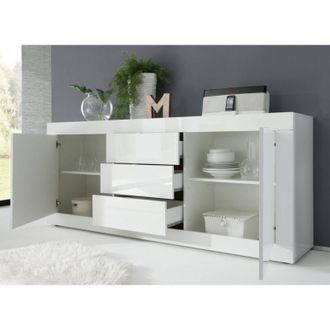Dmora Aparador Pasubio, Alacena 2 Estantes, 3 Cajones, 4 Compartimentos, 210x42x85.8h Cm Blanco Brillante