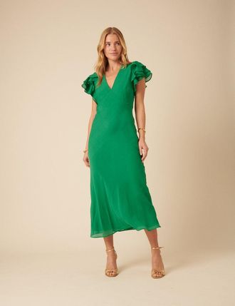 Nobody's Child Green Frill Sleeve Layla Midi Dress