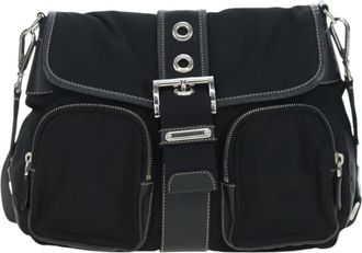 Prada Double Pocket Buckle Flap Tessuto And Leather Black Nylon Handbag (Pre-Owned)