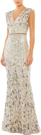 Mac Duggal Beaded V Neck Cap Sleeve Column Gown