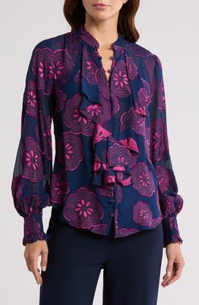 Trina Turk St Marks Silk Blend Button-Up Shirt in Ink/Trina Pink at Nordstrom Rack, Size Small