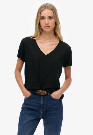 Superdry T-Shirt SUPERDRY STUDIOS SLUB EMB VEE TEE, Damen, Gr. XXL, schwarz, Single Jersey, Obermaterial: 60% Baumwolle, 40% Lyocell, unifarben, regular fit no