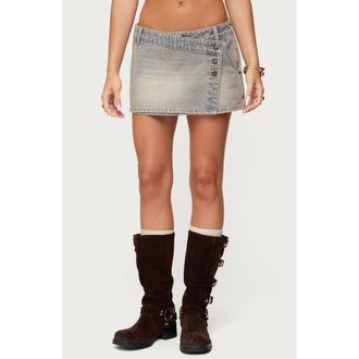 Edikted Mud Low Rise Wrap Denim Miniskort in Blue-Vintage-Washed at Nordstrom, Size X-Large