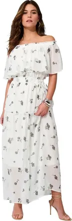 Roaman's Plus Size Chiffon Off The Shoulder Maxi Dress in White Tossed Daisies at Nordstrom, Size 16