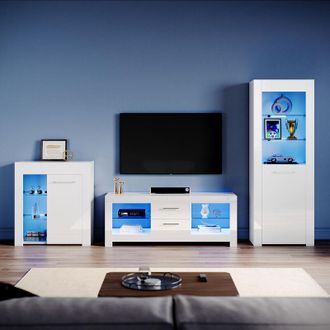 Elegant Lighting Living Room Set Modern High Gloss Fronts with led Light, 1300mm tv Stand, Display Cabinet with Glass Shelf Bookcase Sideboard Cupboard, White