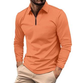 Generic Long Sleeve Polo Shirts Mens Breathable Quick Dry Workout Golf Gym Sports T-Shirt Casual Quarter Zip Collared Tennis Tops, Orange, XL