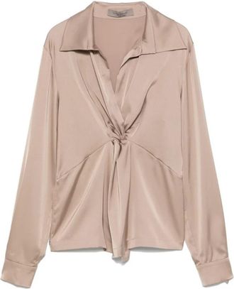 D.exterior Blouse met satijnen afwerking en V-hals - Dames - Blouses - Bruin - S - Satijn - Overhemden