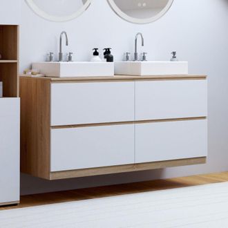 IDMarket Mueble Lavabo Doble Tomi 120 Cm 4 Cajones Acabado Haya Y Blanco