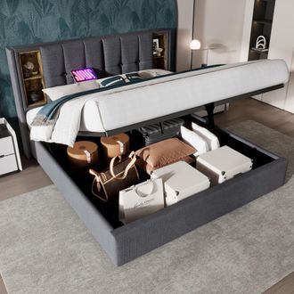 Matteo Upholstered Double Bed 150 x 200cm with Wireless Charging(USB Tyep-C) in Grey