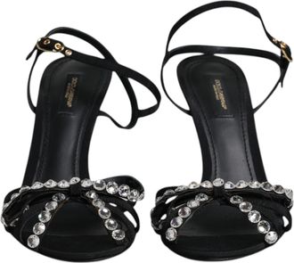 Dolce & Gabbana Black Leather Crystal Bow KEIRA Sandals Womens Shoes (Pre-Owned)