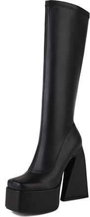 Generic Womens Knee-High Platform Block Heel Boots Square Toe Faux Leather Stretchy Design Stylish Comfortable For Night Out Party And Daily Casual Wear,Black