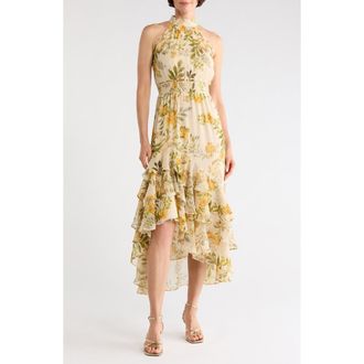 CeCe by Cynthia Steffe Floral Halter Neck Ruffle Chiffon Maxi Dress in Sunflower at Nordstrom Rack, Size 16