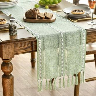 No Brand Camino De Mesa, Estilo Bohemio, Color Crema, Estilo R&uacute;stico, Con Borlas, Lavable, Ideal Para Fiestas, Cumplea&ntilde;os Y Decoraci&oacute;n De Bodas, Color Verde, 3