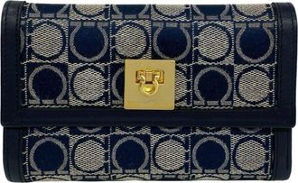 Ferragamo Navy Canvas Leather Wallet (Tri-Fold) (Pre-Owned)