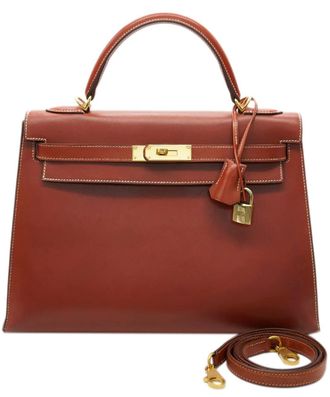 Herm&egrave;s Vintage Kelly 32 Sellier in Burgundy Box Calf Leather with Gold Hardware