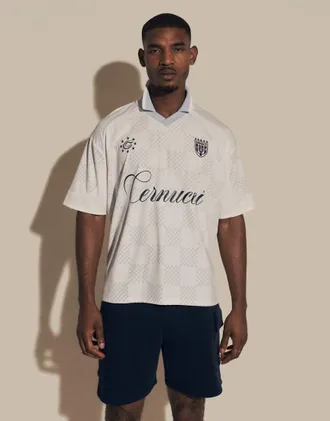 Cernucci Maglia da calcio azzurra a quadri con colletto e scollo a V con logo-Blu