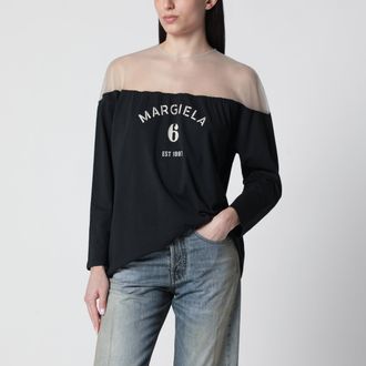 Maison Margiela Black top with logo print and sheer insert