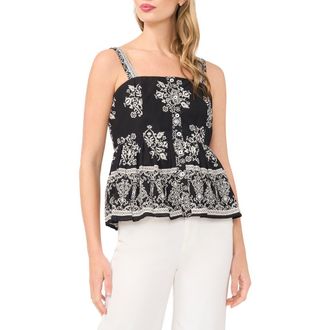 CeCe by Cynthia Steffe Print Ruffle Hem Sleeveless Top in Rich Black at Nordstrom, Size Xx-Small
