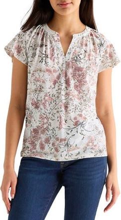 Lucky Brand Floral Split Neck Cotton Blend T-Shirt in Cream Multi at Nordstrom Rack, Size X-Small