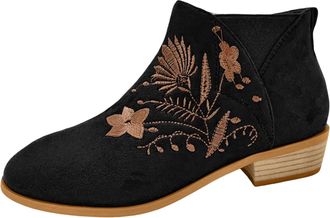 Generic Stylish Women Autumn Ankle Boots with Square Heel Flock Zipper Floral Embroidered Round Toe Booties for Fashion Footwear (Black, 5.5)