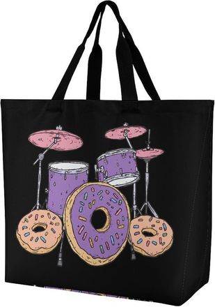 Generic Drum Set with Donuts Large Reusable Shopping Bag Lightweight Foldable Tote Bags Washable Shoulder Handbag