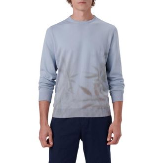 Bugatchi Leaf Print Cotton Sweater in Air Blue at Nordstrom, Size Xx-Large