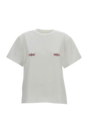 Des_Phemmes Crystal and Bead-Embellished Boxy White T-Shirt