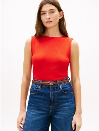 Tommy Hilfiger Womens Slim Fit Rib-Knit Boatneck Tank Top - Orange - XXS