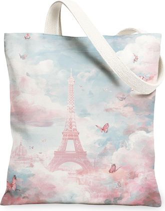 Generic Paris Tower Canvas Tote Bags, Butterfly Floral Pattern Reusable Grocery Bags, Spring Vintage Lightweight Washable Shoulder, Peach, 13x15 Inch