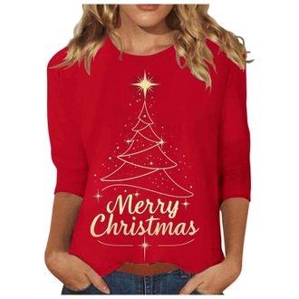 Generic Womens Christmas Tops UK Funny Xmas Tree Red Wine Glass Cow Print Blouse Casual Cozy Sweatshirt Tops Christmas Long Sleeve Shirt for Women 3/4 Sleeve 