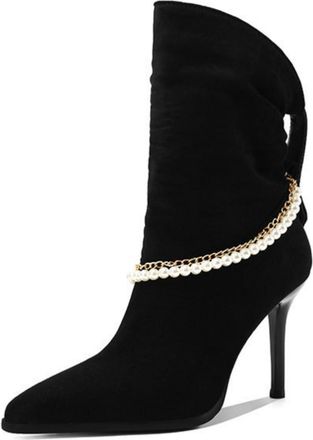 Generic Womens Pointed Toe Stiletto Heels with Double Chain Detail,Elegant Evening Wear Ankle Boots,Black,5.5 UK