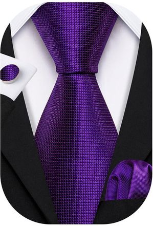 Barry.Wang Men Purple Ties Pocket Square Cufflinks Silk Necktie Formal Business Wedding Party Work Tie