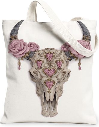 Generic Floral Skull Canvas Tote Bags, Vintage Western Rose Pattern Reusable Grocery Bags, Lightweight Washable Shoulder Strap Canv, White, 13x15 Inch