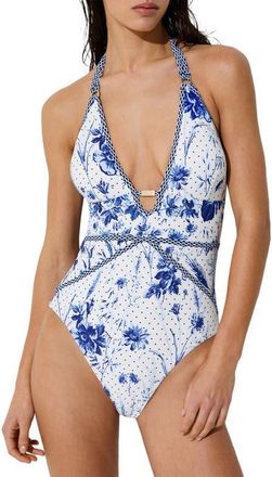 Reiss Lucia Cutout One-Piece Swimsuit in Blue/Ivory at Nordstrom, Size 10 Us