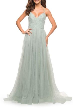 La Femme Rhinestone Tulle Ballgown with Slit and Lace Up Back in Sage at Nordstrom, Size 12