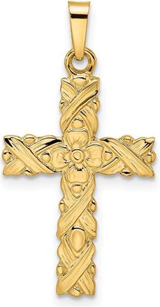 Diamond2Deal 14k Yellow Gold Polished Textured Solid Floral Cross Pendant