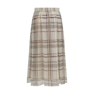 Brunello Cucinelli Pleated Silk Macrocheck Skirt - Beige