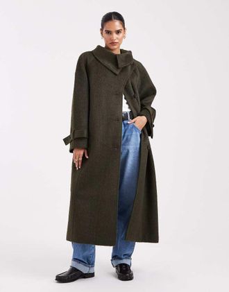 Asos Cappotto taglio lungo in misto lana kaki con scollo a imbuto-Nero