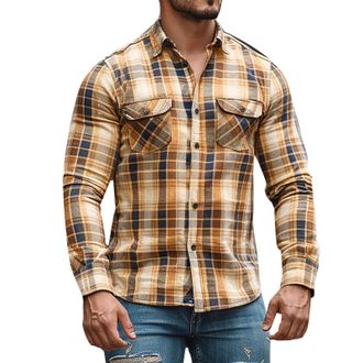 Generic Mens Long Sleeve Casual Button Down Vintage Plaid Shirts Mens Vintage Polo Shirts Outdoor Farming Shirt Regular Fit Classic Shirt Comfortable Checked 