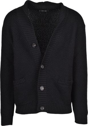 Tagliatore Black Textured Knit Virgin Wool V-Neck Cardigan
