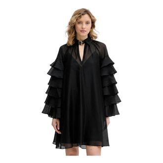 Karl Lagerfeld Kleedjes, Dames, Zwart, S, Polyester, Jurk met gesp-kraag en ruches