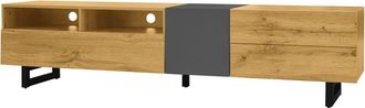 Urban Meuble Mueble de TV de madera de roble con puerta gris y patas de metal negro