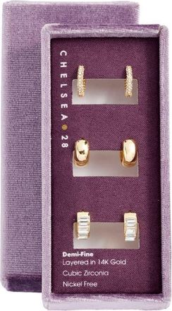 Chelsea28 Set of 3 Huggie Hoop Earrings in Clear- Gold at Nordstrom
