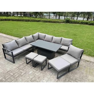 Fimous ALuminum 10 Piece Patio Set with Lifting Table, Cushions & 3 Footstool in Dark Grey