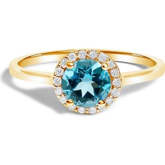 House of Brilliance 10K Gold Gemstone and 1/10 Cttw Diamond Halo Birthstone Ring in Yellow | Blue Topaz at Nordstrom, Size 6.5