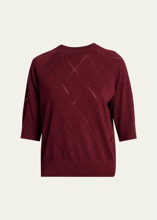 Dries Van Noten Diamond Knit Elbow-Sleeve Crewneck Sweater